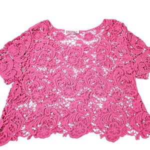 Say What Womens Crocheted Top Pink Size Medium 100% Cotton Cropped Short Sleeve